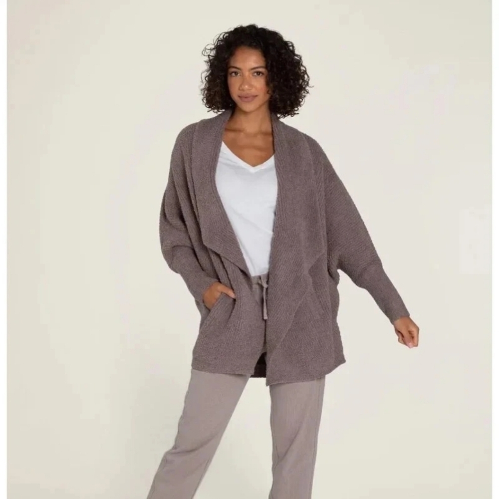 $188 Barefoot Dream CozyChic Chevron Ribbed Cardigan, Driftwood, S/M